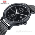 Relógio masculino MINI FOCUS 0052, marca de luxo, relógios de quartzo masculino, calendário de pulso, malha de couro, pulseira, relógio masculino à prova d&#39;água